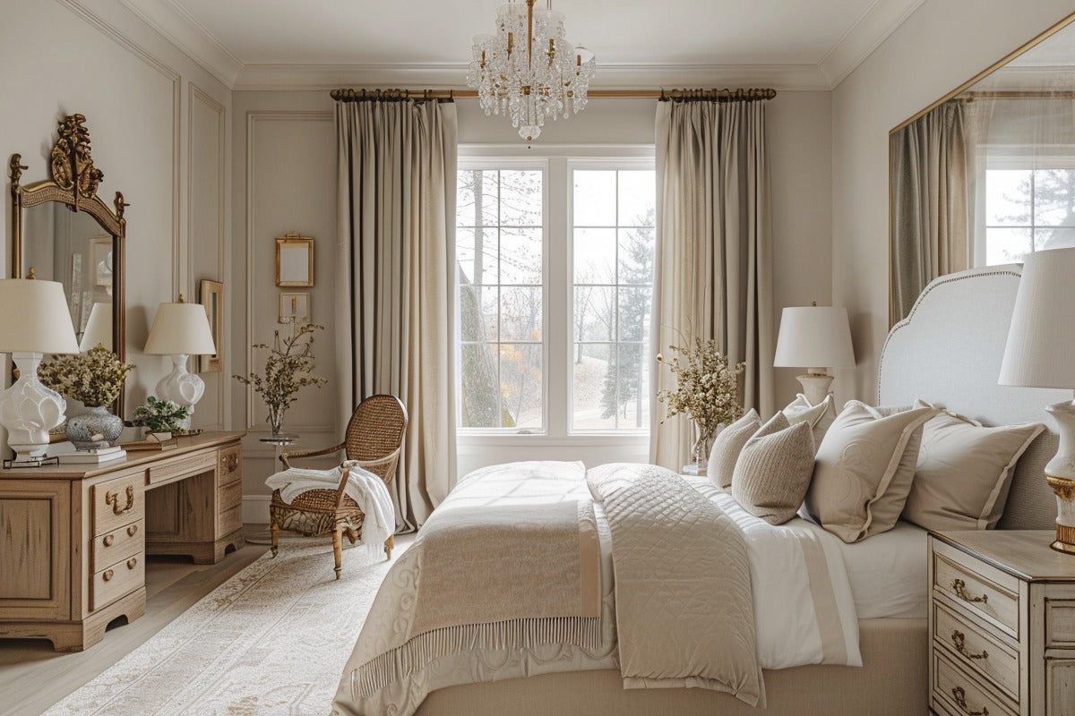Bedroom with linen curtains