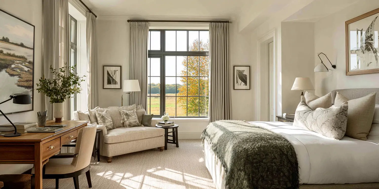 Linen pinch pleat custom curtains in the bedroom