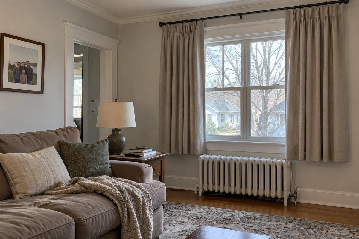 Sill-length custom curtains above a cast-iron radiator in a lived-in American living room