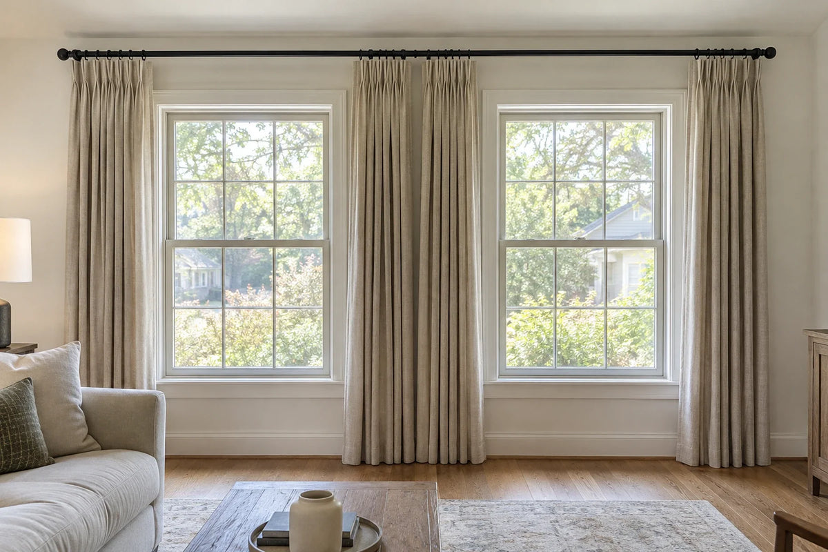 Two windows on one wall with four custom pinch pleat curtain panels installed on one long rod