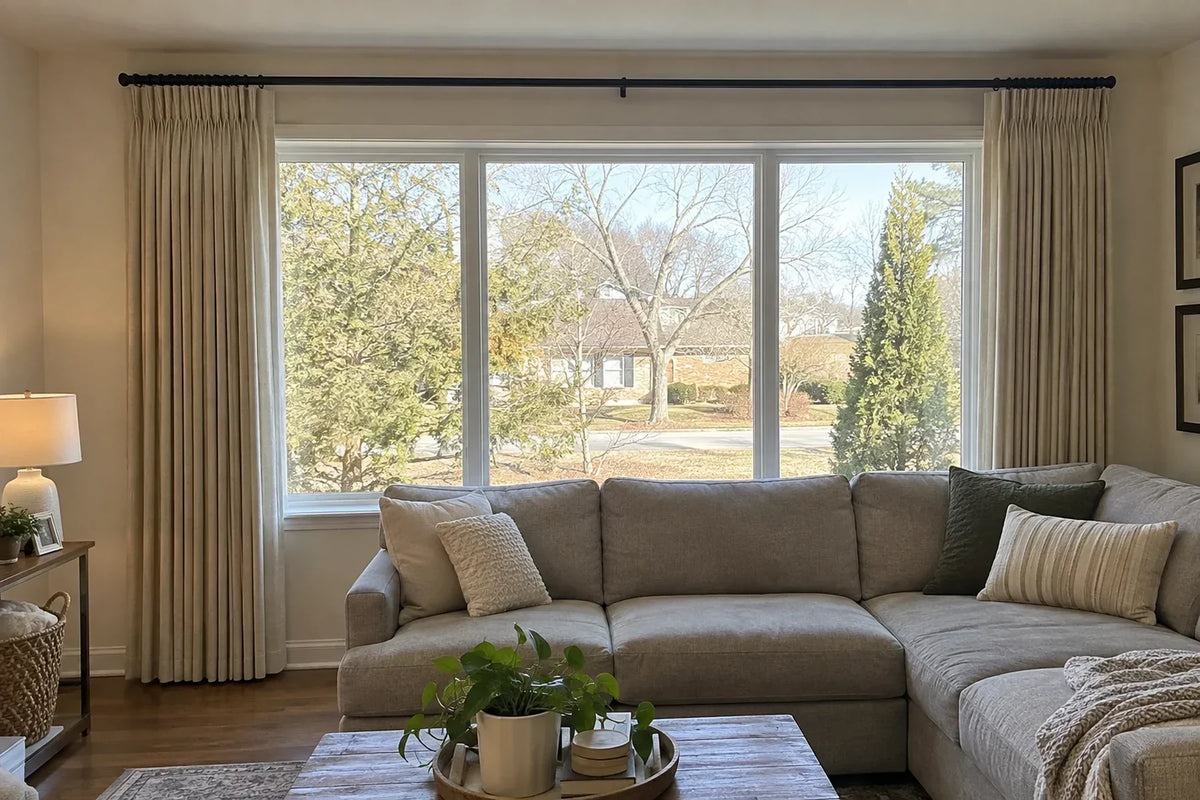 Oatmeal pinch pleat curtains stacked neatly on both sides of a wide living room window
