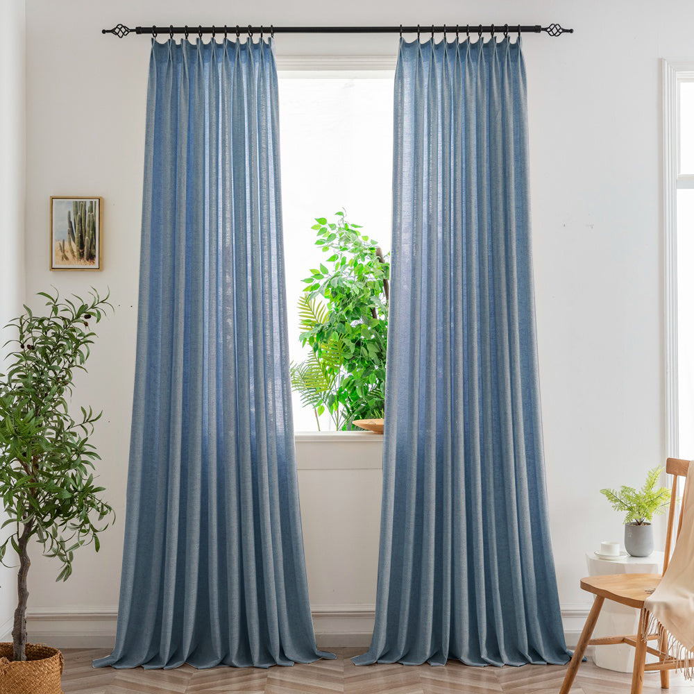 Nyla Cream Yellow Blended Cotton Pinch Pleat Custom Curtains Nyla Aegean Blue-27