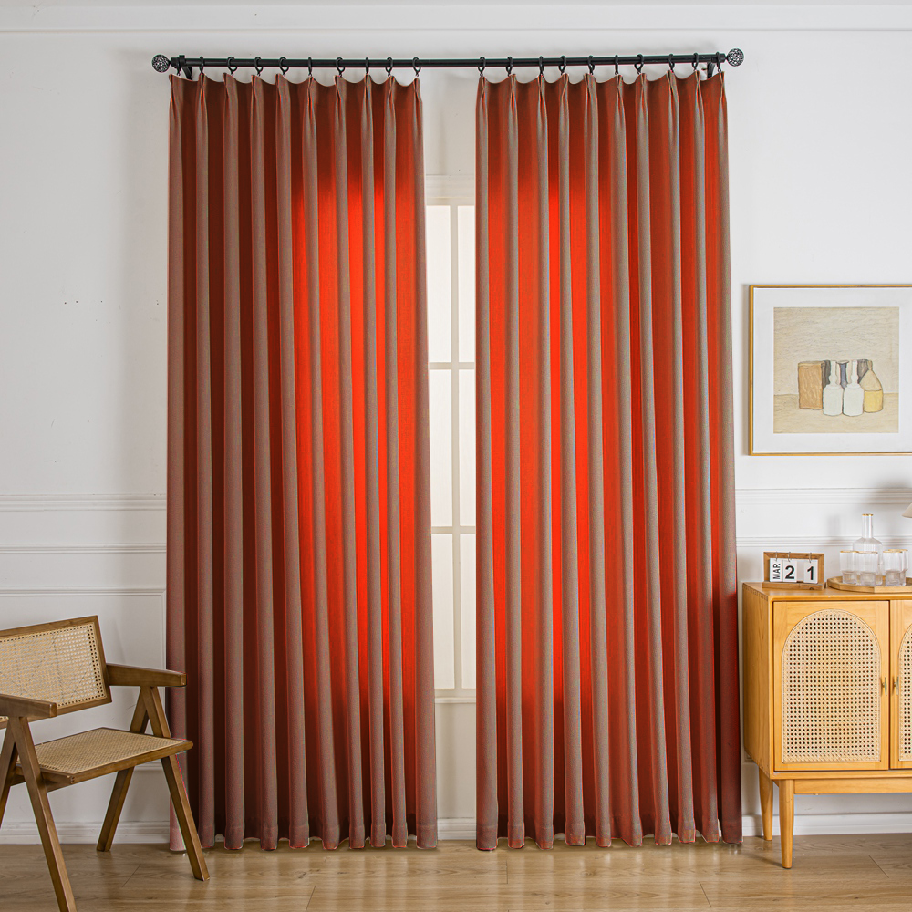 Waffle Chenille Blended Woven Pleated Custom Curtains Waffle Orange Red-15
