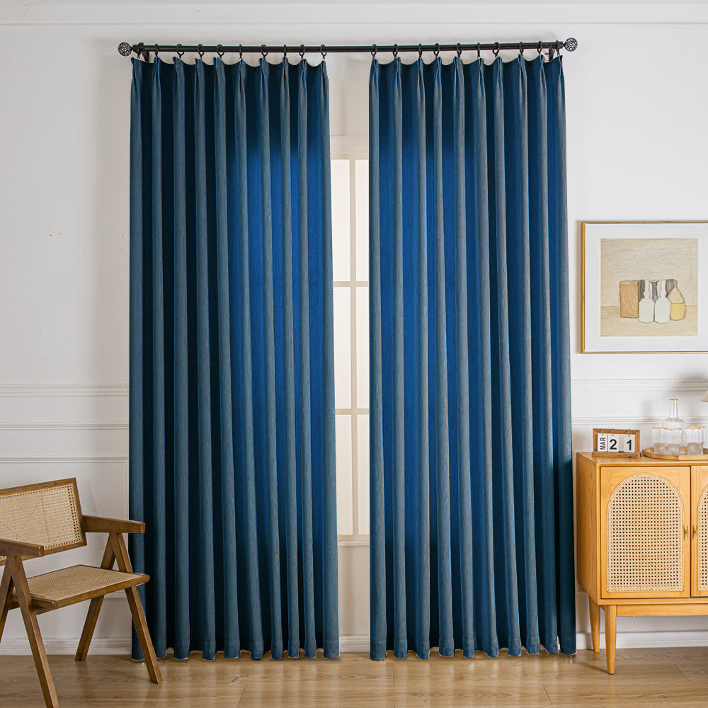 Waffle Chenille Blended Woven Pleated Custom Curtains Waffle Navy-20