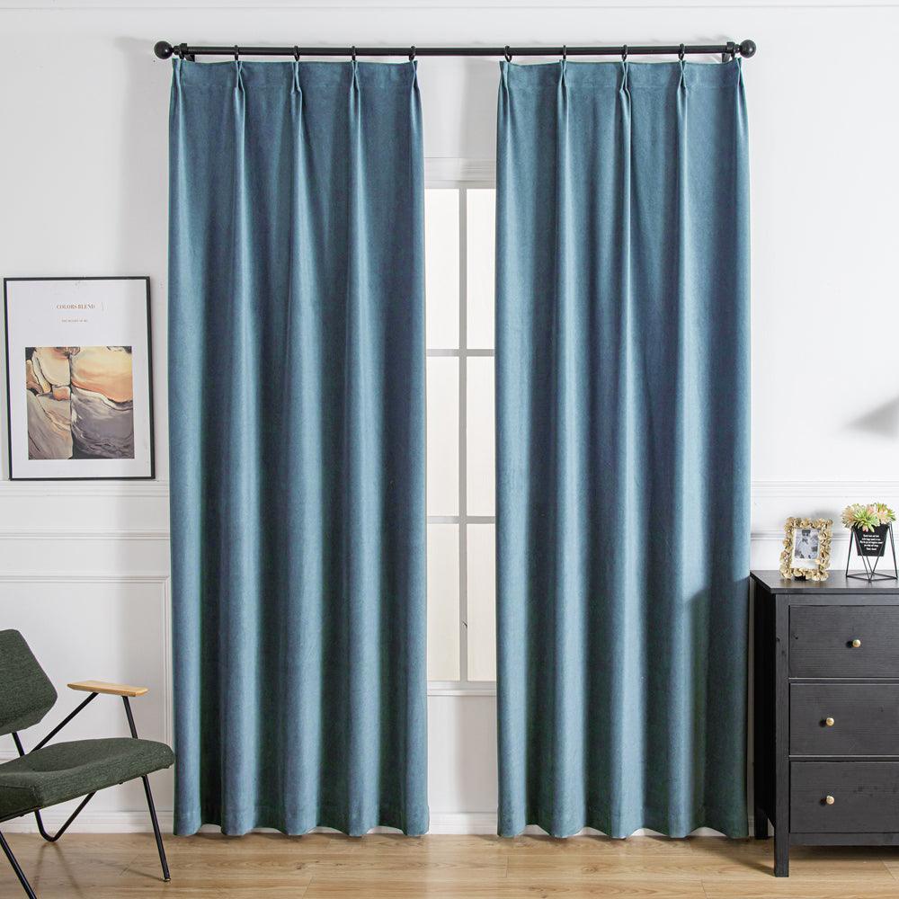 Velva Italian Cotton Velvet Room Darkening Pleat Custom Curtains Velva Denim Blue-6