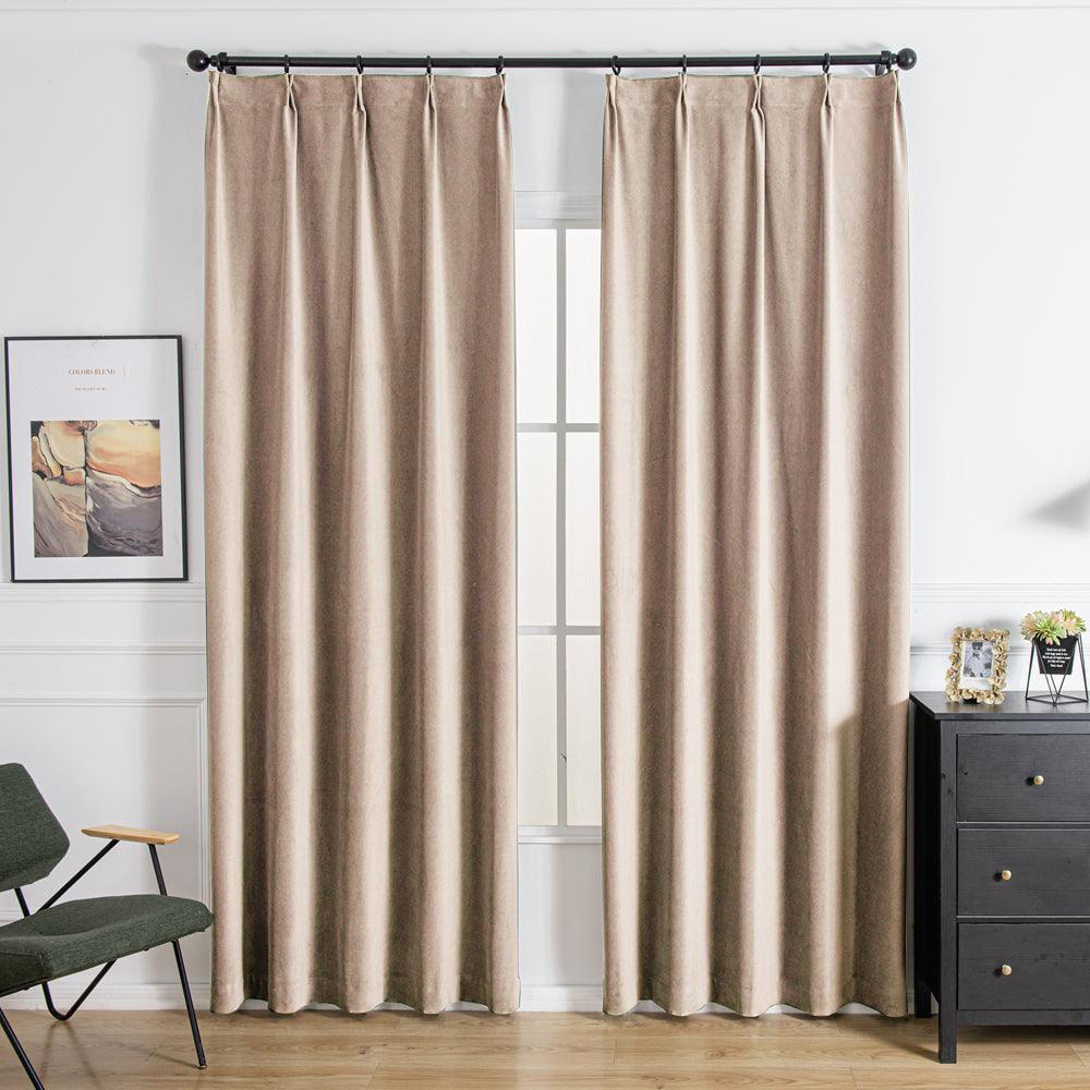 Velva Italian Cotton Velvet Room Darkening Pleat Custom Curtains Velva Light Khaki-26
