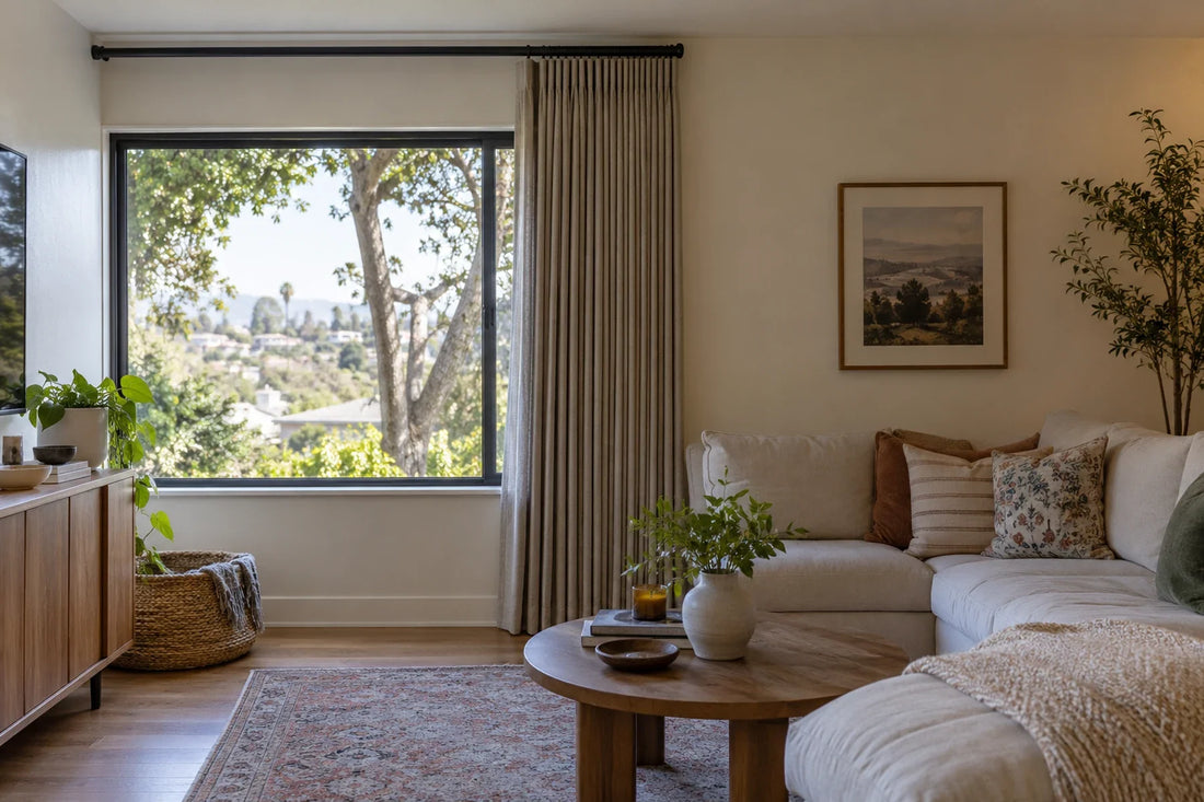Pleated curtains stacked on the wider side of a window near a corner