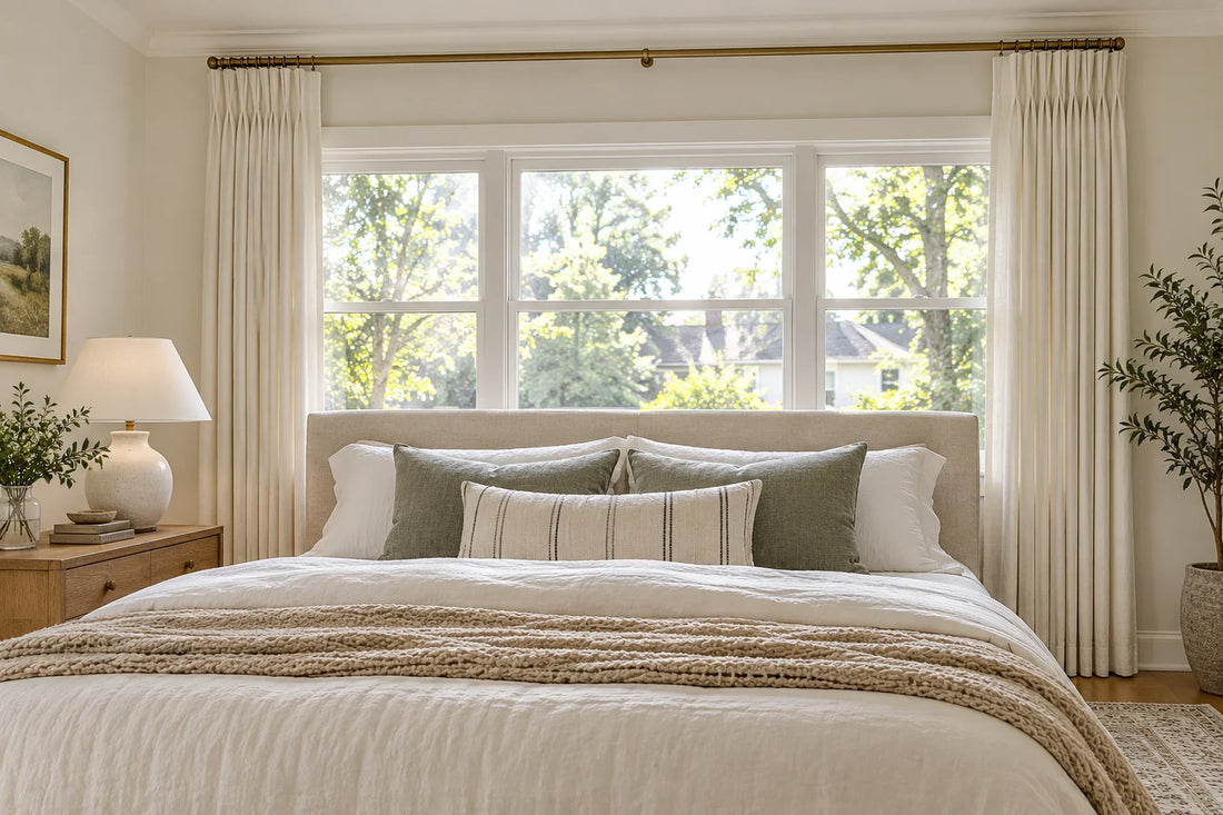 Ivory curtains stacked beside a bedroom window behind a low upholstered headboard