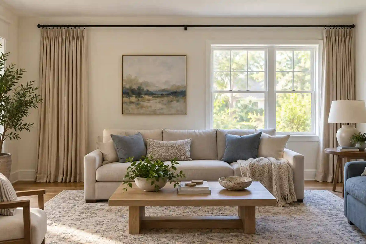 Custom curtains framing an off-center living room window to balance the wall