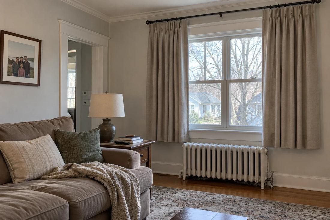 Sill-length custom curtains above a cast-iron radiator in a lived-in American living room