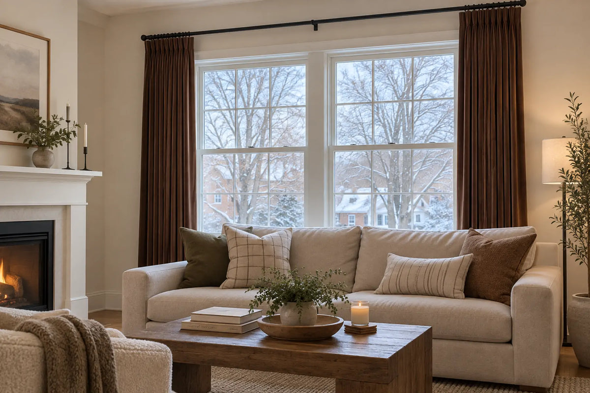 Deep chocolate velvet curtains framing a cold living room window in winter
