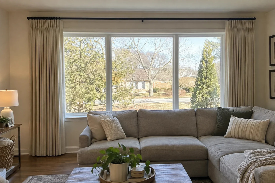 Oatmeal pinch pleat curtains stacked neatly on both sides of a wide living room window