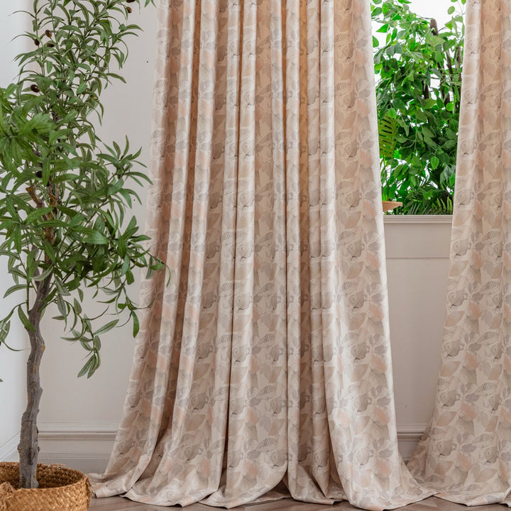 Olivia Beige Leaf Print Custom Curtain - ixacurtains