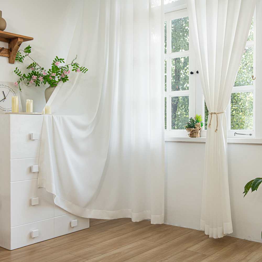 White Airy Elegant White Faux Linen Custom Curtains For Bathroom
