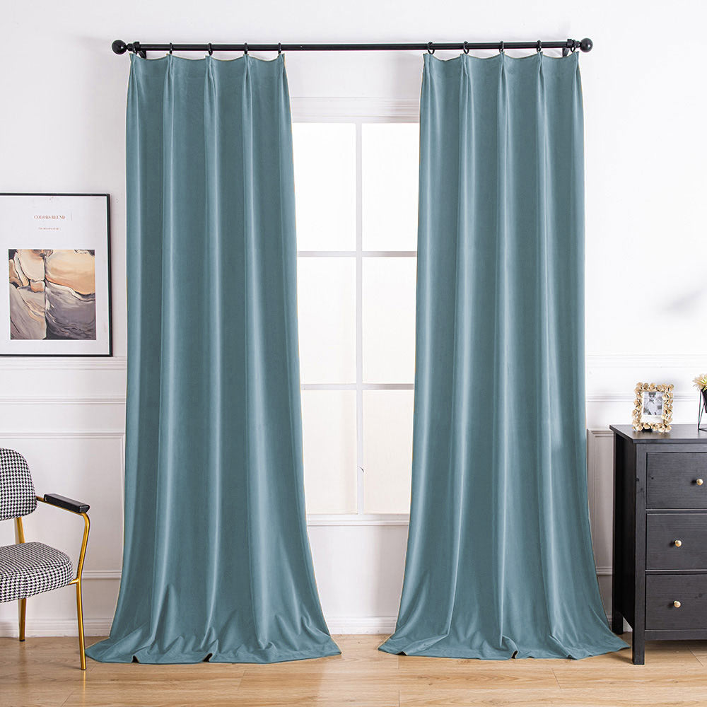 Aushme Black Luxury Pinch Pleat Blackout Velvet Curtains