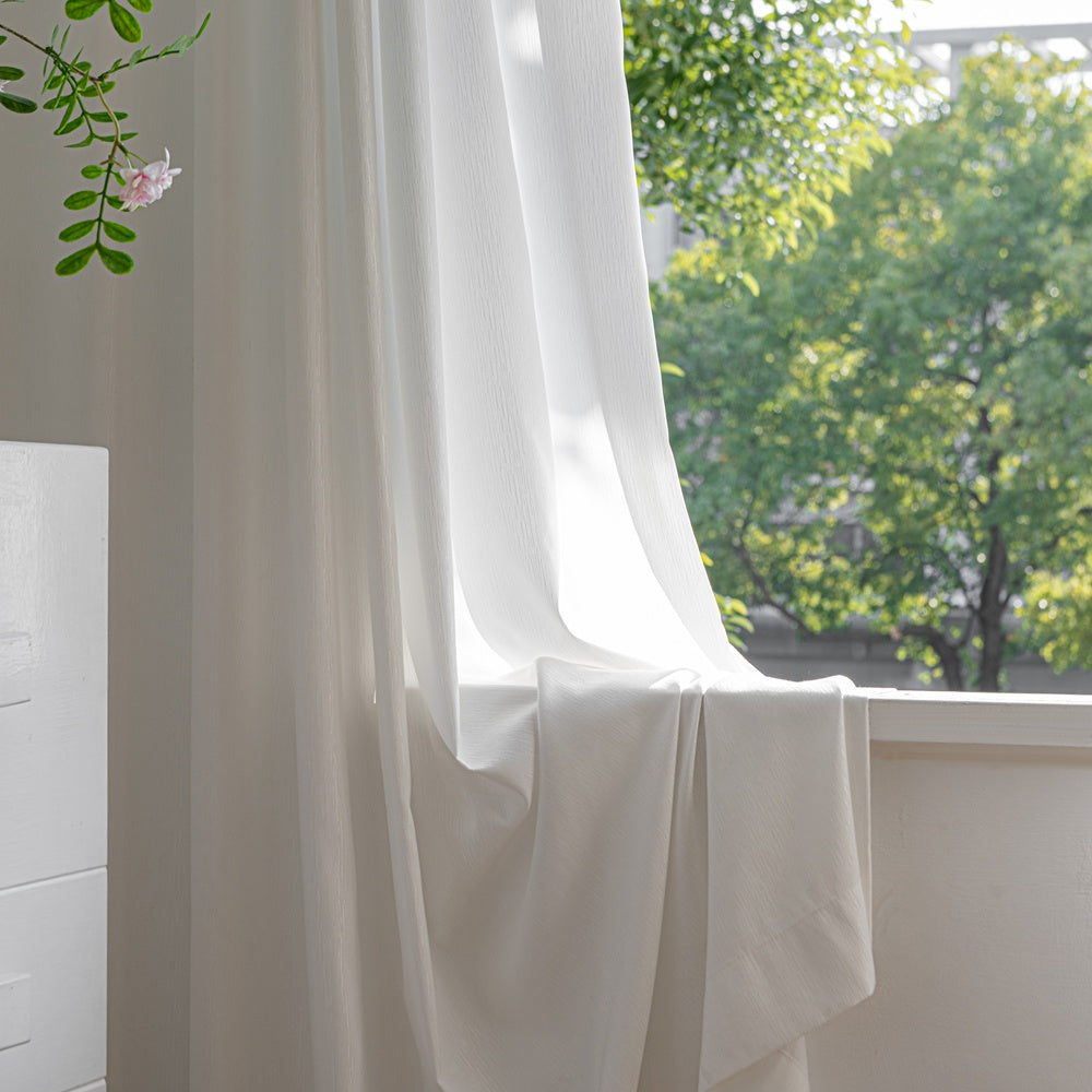 Arbor Textured Organic Wood-Grain Tailored Pleat White Sheer Curtains