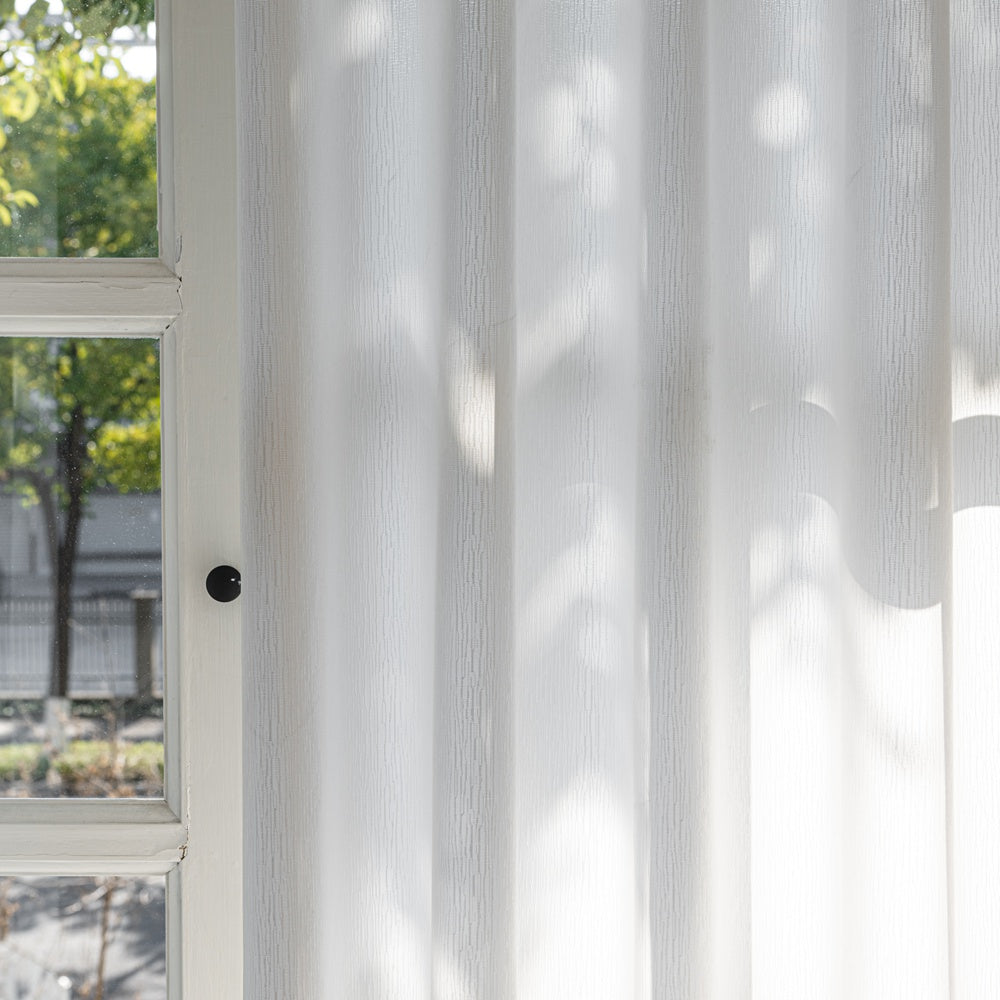 Arbor Textured Organic Wood-Grain Tailored Pleat White Sheer Curtains