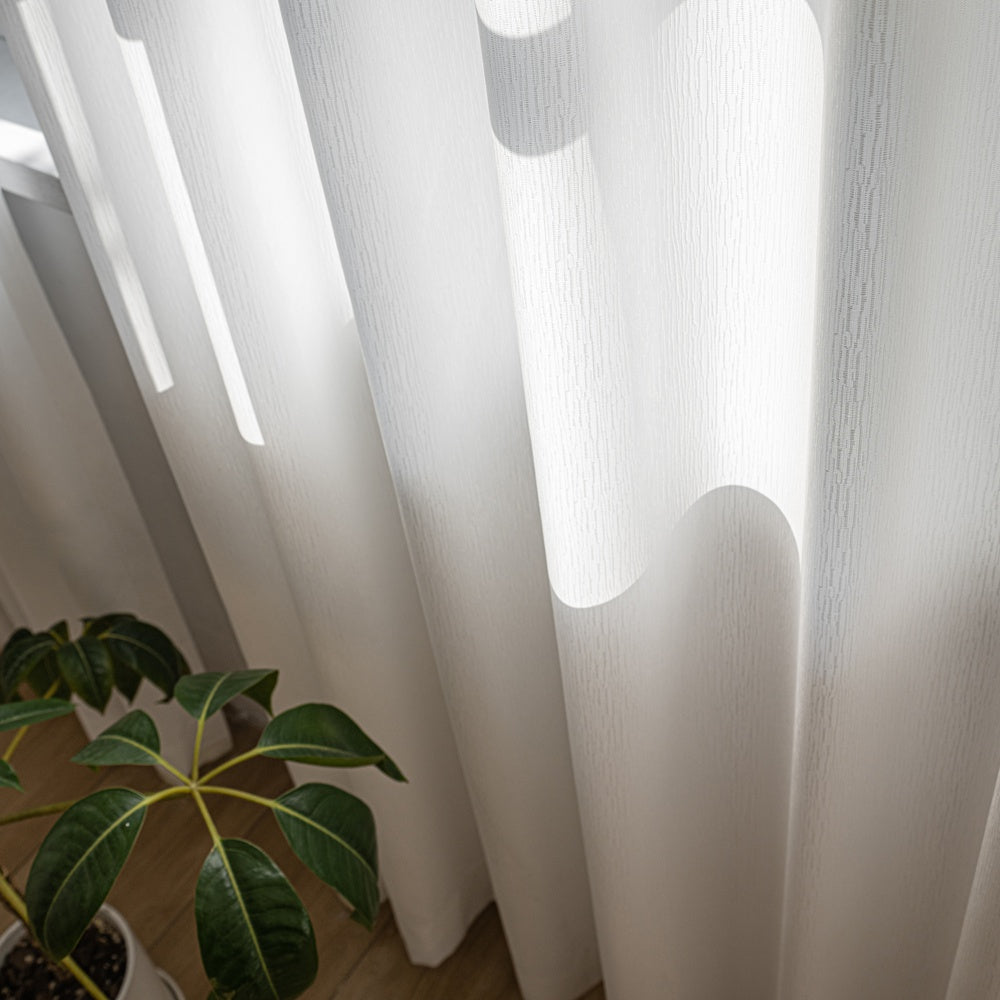 Arbor Textured Organic Wood-Grain Tailored Pleat White Sheer Curtains