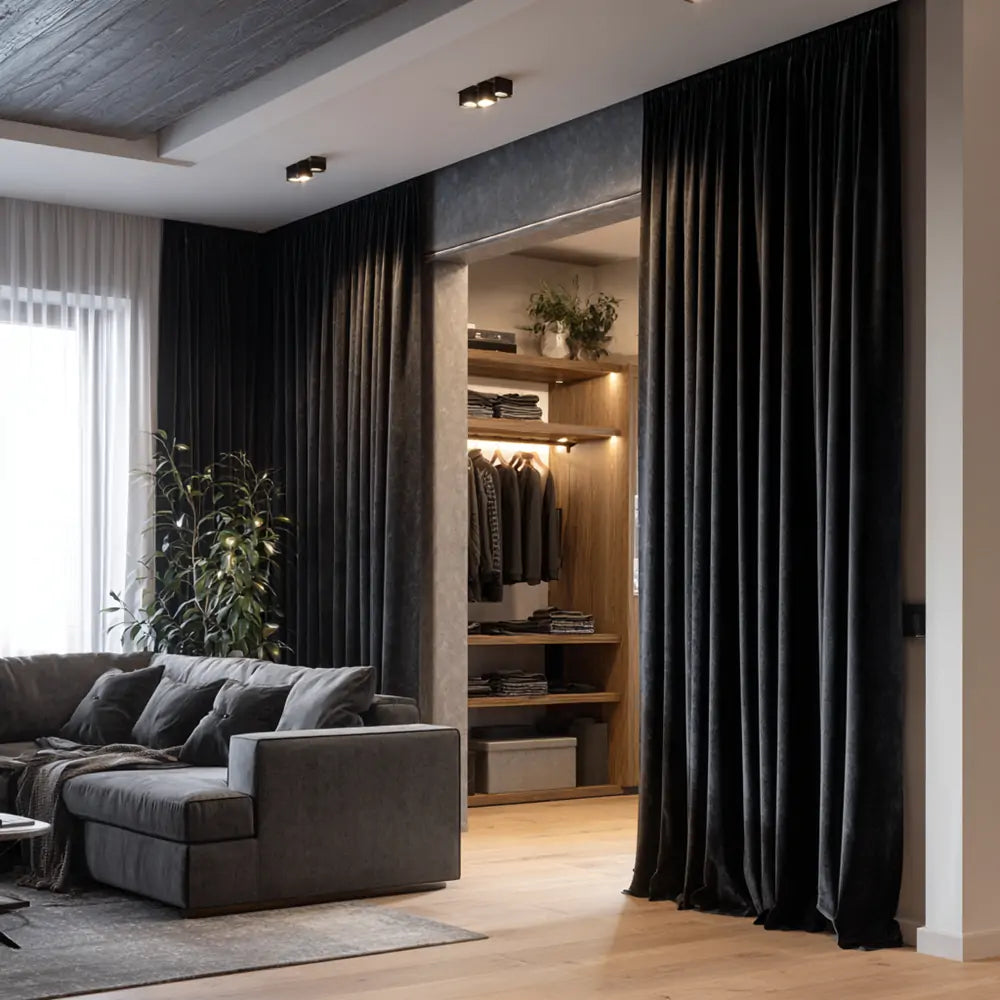 Aushme Black Luxury Pleat Velvet Room Darkening Curtains Aushme