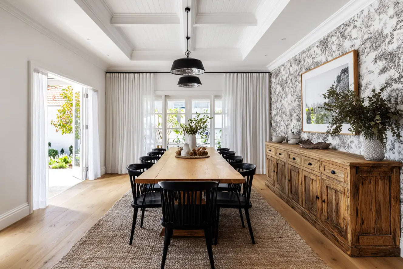 White sheer custom curtains in the dining room