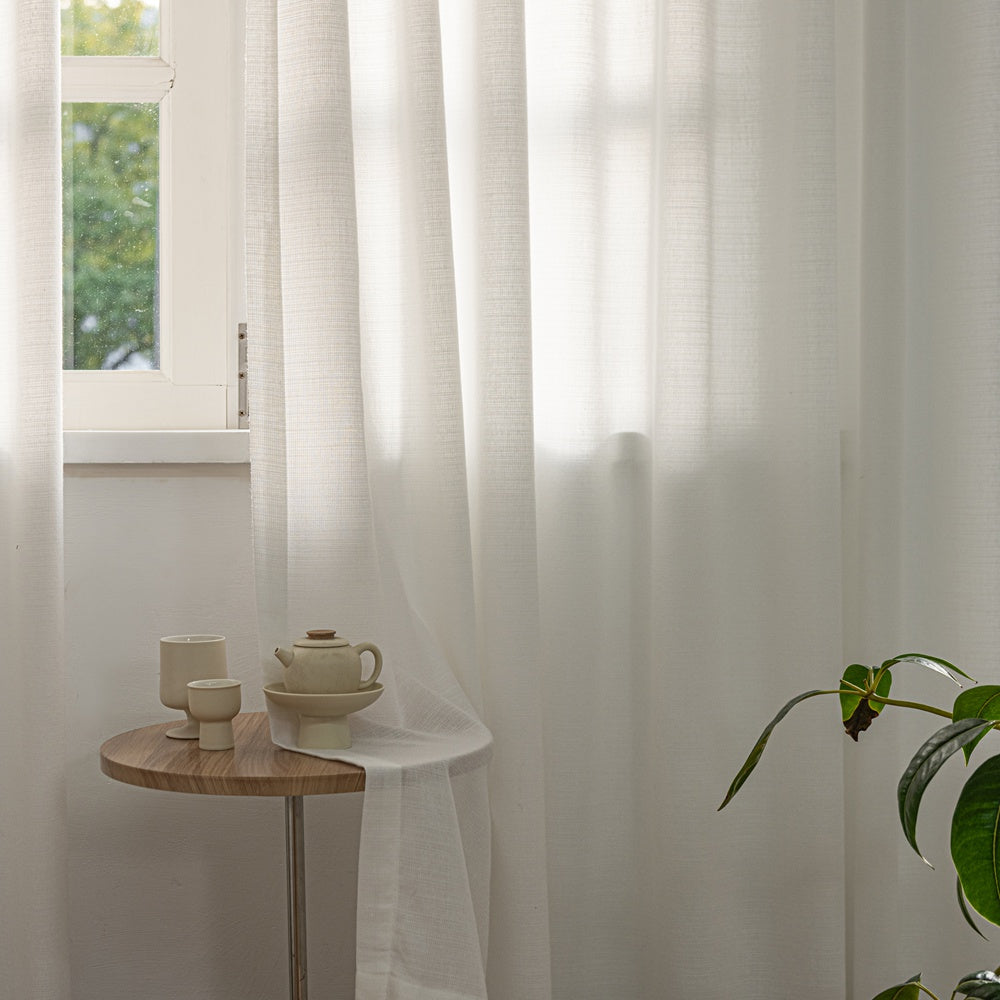 Fina Soft-Touch White Linen Pleat Sheer Curtains with Grid Texture
