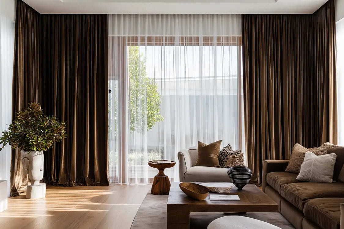 Brown Layed velvet custom curtains in the  living room