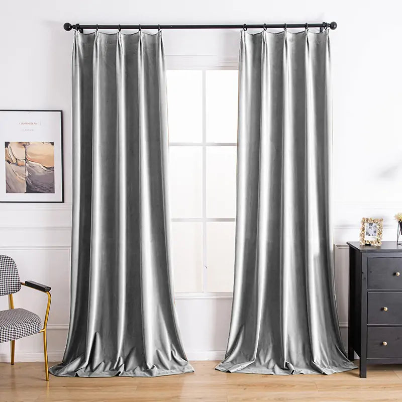 Aushme Black Luxury Pleat Velvet Room Darkening Curtains