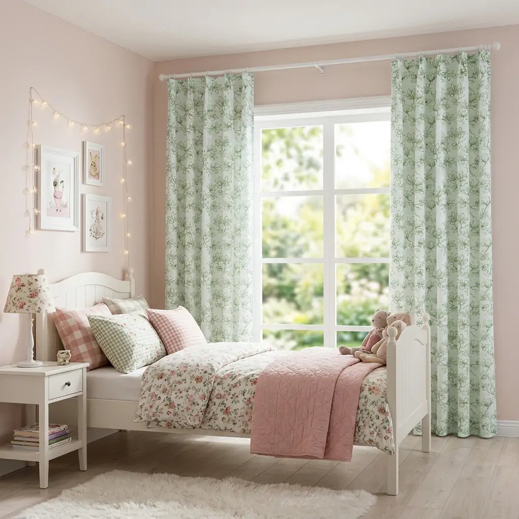 Lily Green Patterned Pleat Custom Curtains